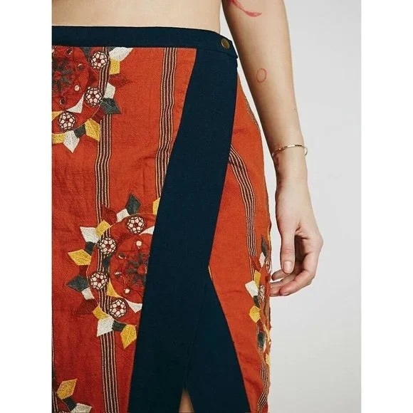 FREE PEOPLE SONGBIRD ASYMMETRICAL WRAP MIDI EMBROIDERED SKIRT RUST - NWOT - Picture 6 of 7